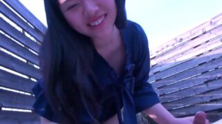 Asian girl sucks and fucks outside on a balcony