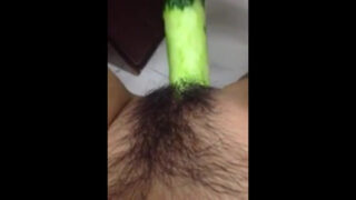 Extremely hairy girl sculpts a cucumber then fuck it