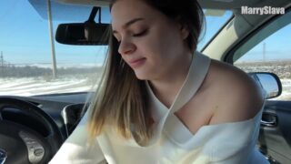 Russian female sucking dick and getting fucked within the van